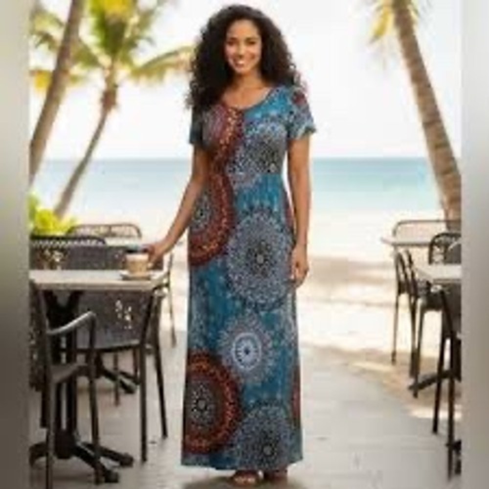Grecerelle Womens XL Teal Orange Mandala Print Short Sleeve Maxi Dress‎ New